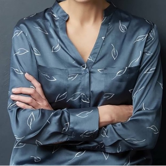 Zara Basic Collection Blue Satin Long Sleeve Leaf Print Blouse Button Cuffs Sz S - Picture 9 of 9